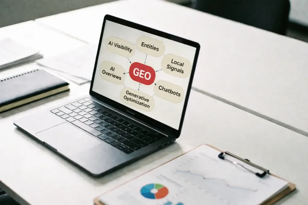 GEO AI SEO diagram showing AI visibility, entities, local signals, AI overviews, and chatbot optimization